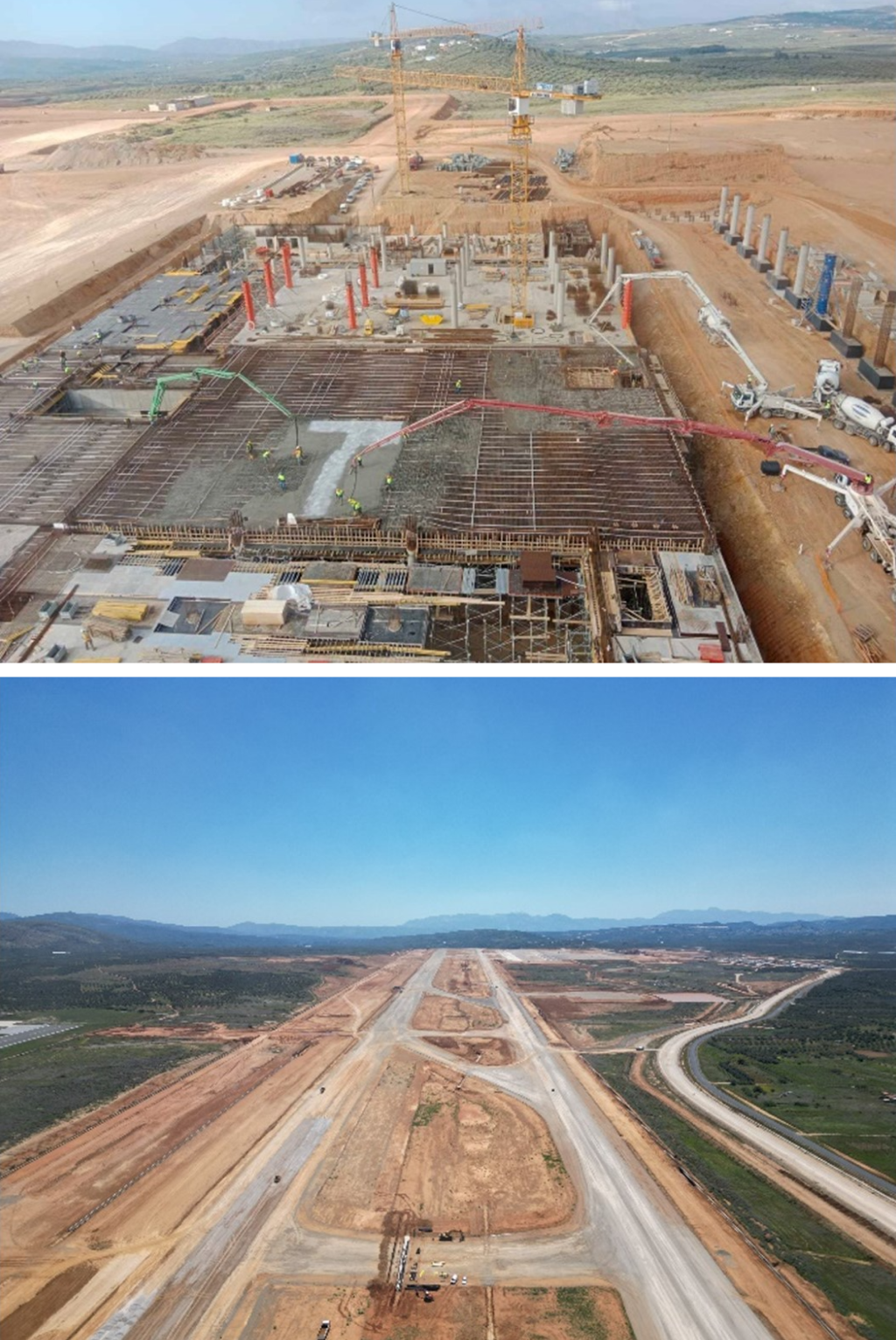 Obras del edificio terminal ( lado sur) en agosto de 2023, y campo de vuelos ( mayo 2023).