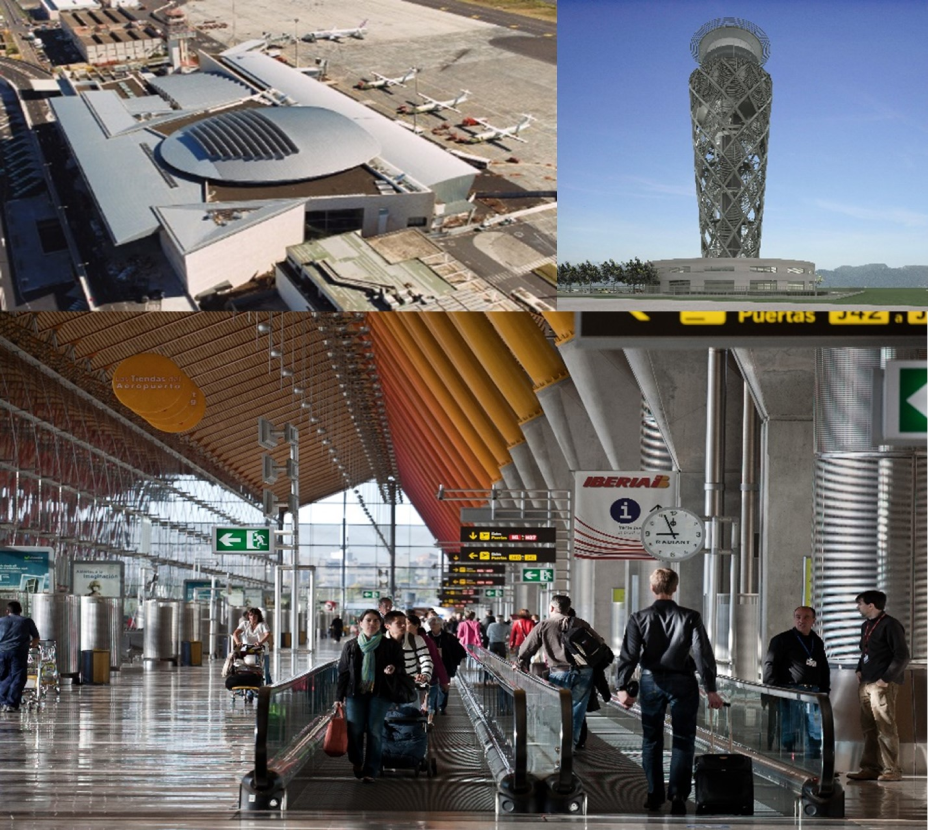 Tenerife Norte terminal, El Dorado airport control tower (Bogotá) and Barajas T4.