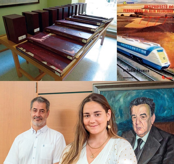 The “piano”: project boxes and study cover. Miren Marzábal, with Julián de Antonio at the Paseo de la Habana headquarters, with the portrait of Carlos Roa. Photos: Ineco Archive/ Elvira Vila. 