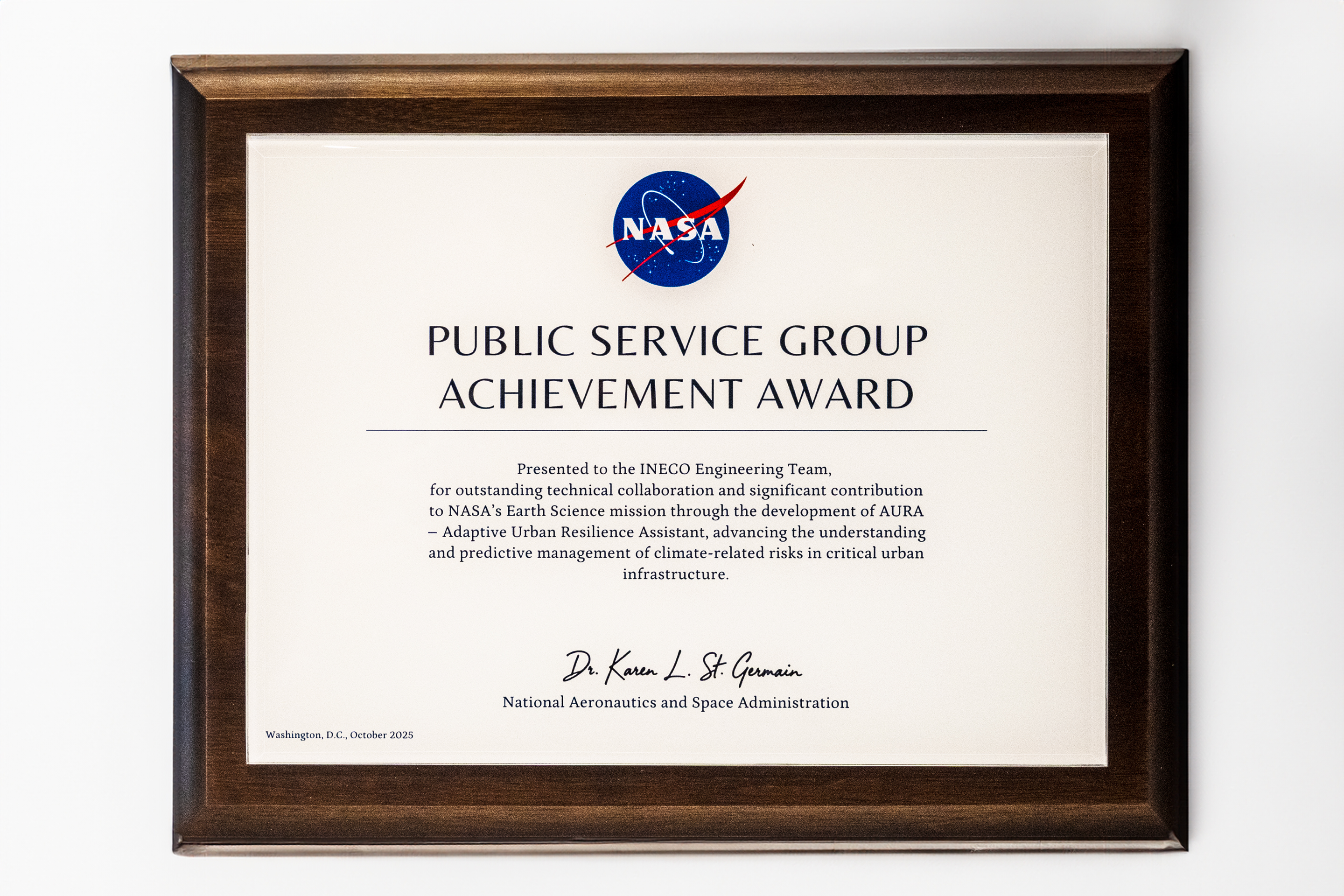 The National Aeronautics and Space Administration (NASA) has recognised with the Public Service Group Achievement Award the Ineco team responsible for developing AURA