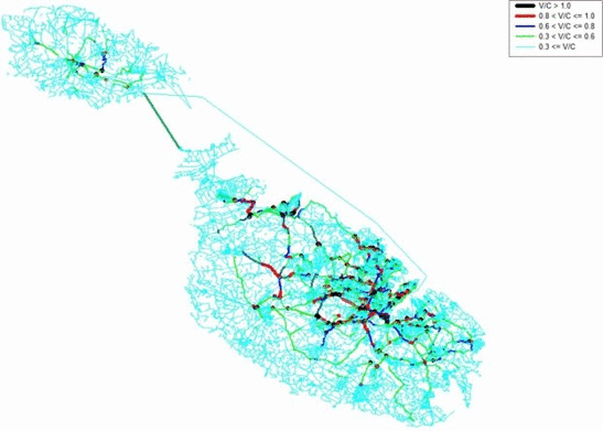 Mapa de la fluidez de tráfico en la red viaria de Malta