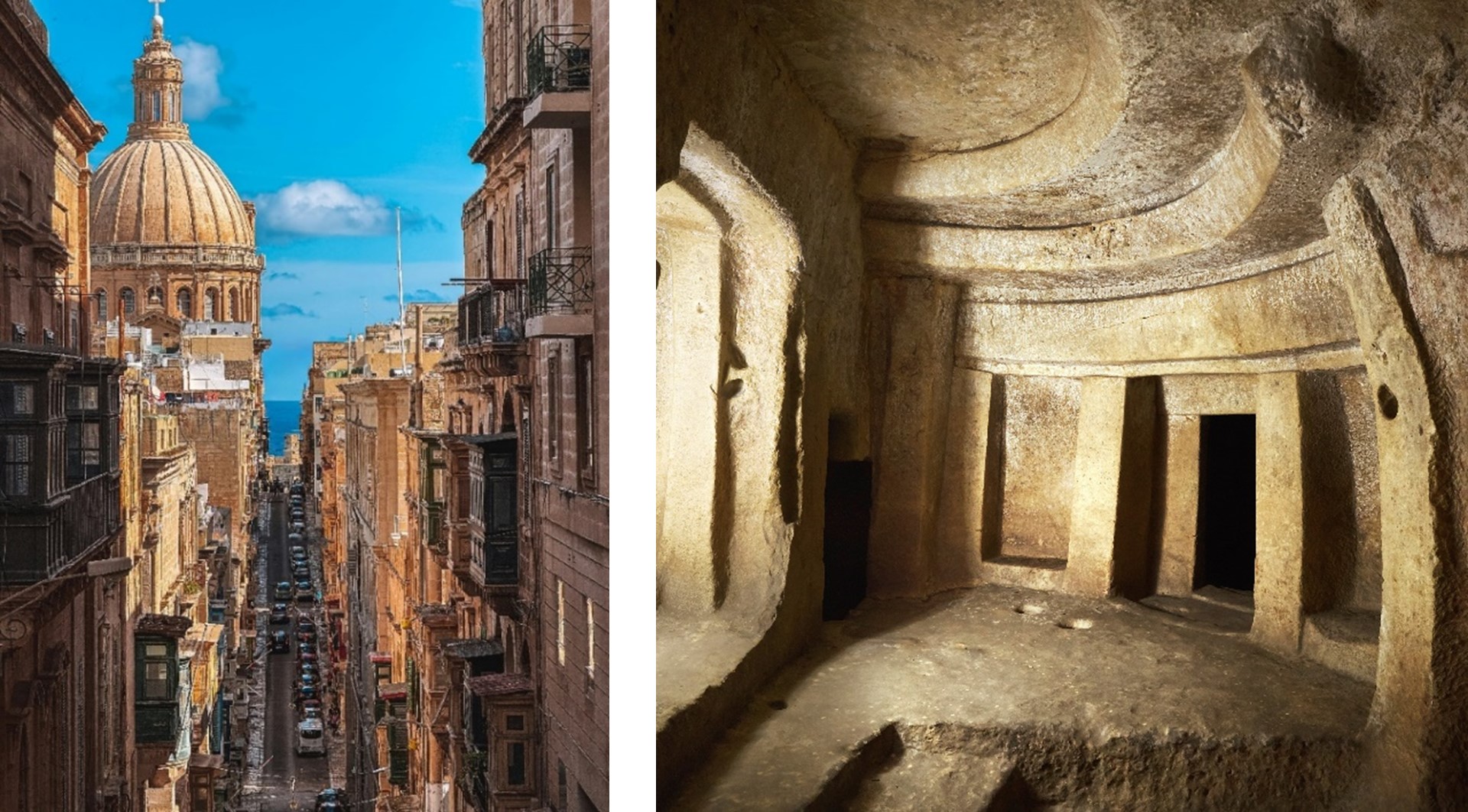 Calle de La Valeta con la cúpula del Carmelo (izquierda) e interior tallado del Hipogeo de Hal Saflieni (derecha)