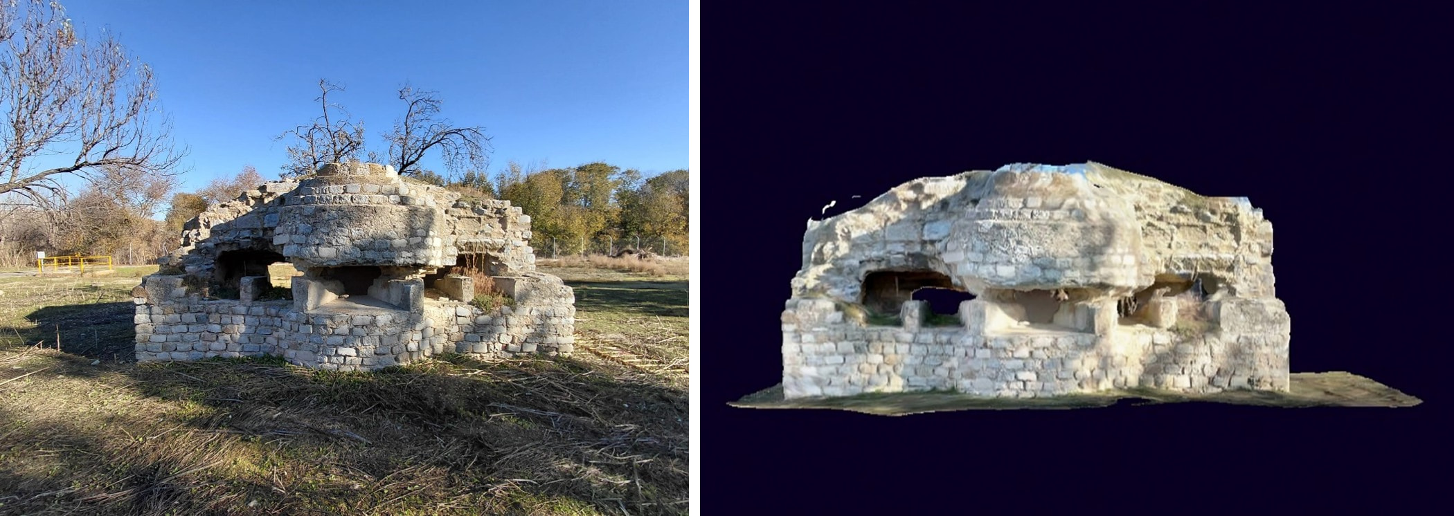 Exterior of a bunker and 3D model of it