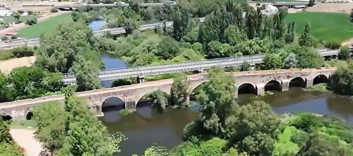 Aerial view of a medieval bridge