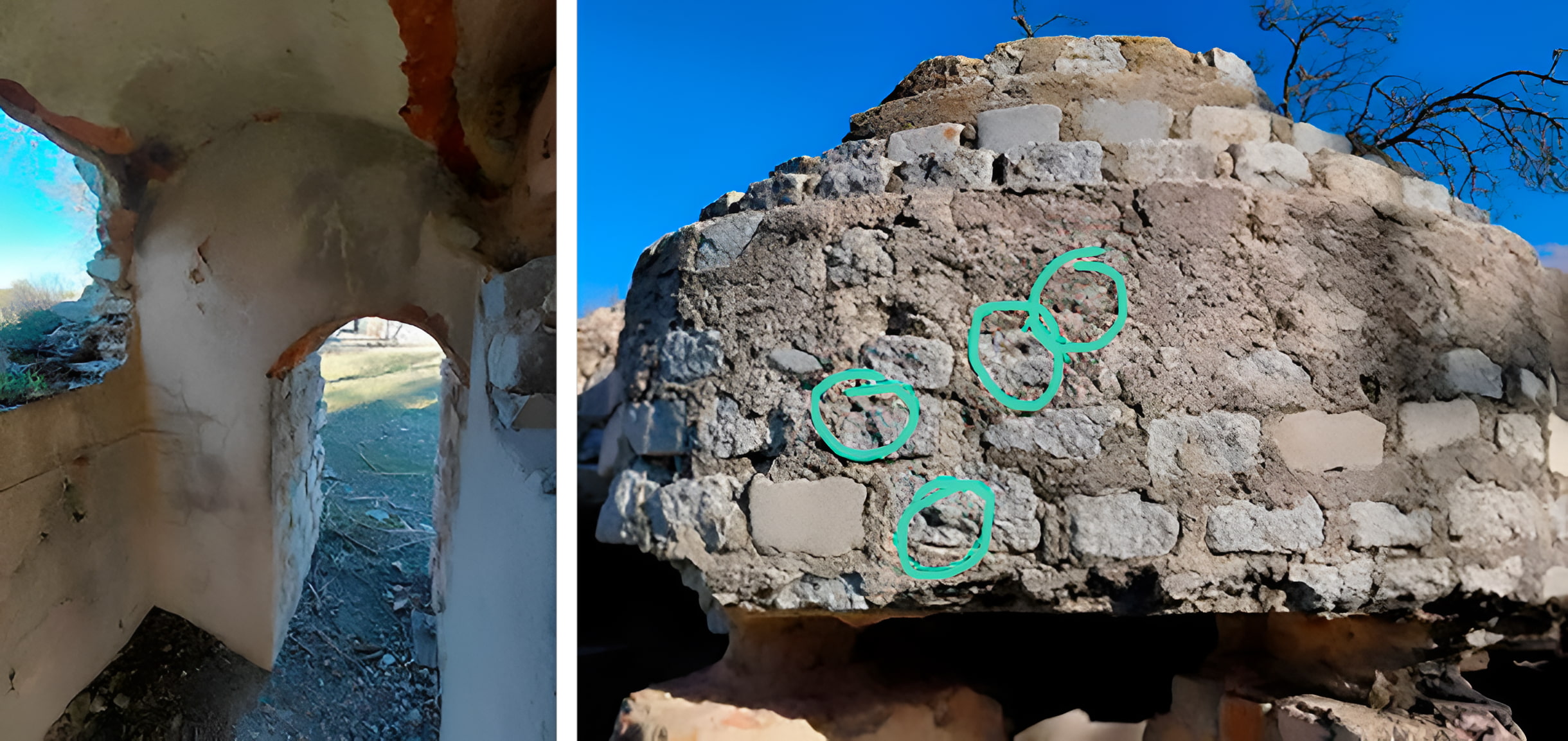 Interior and exterior of a stone bunker
