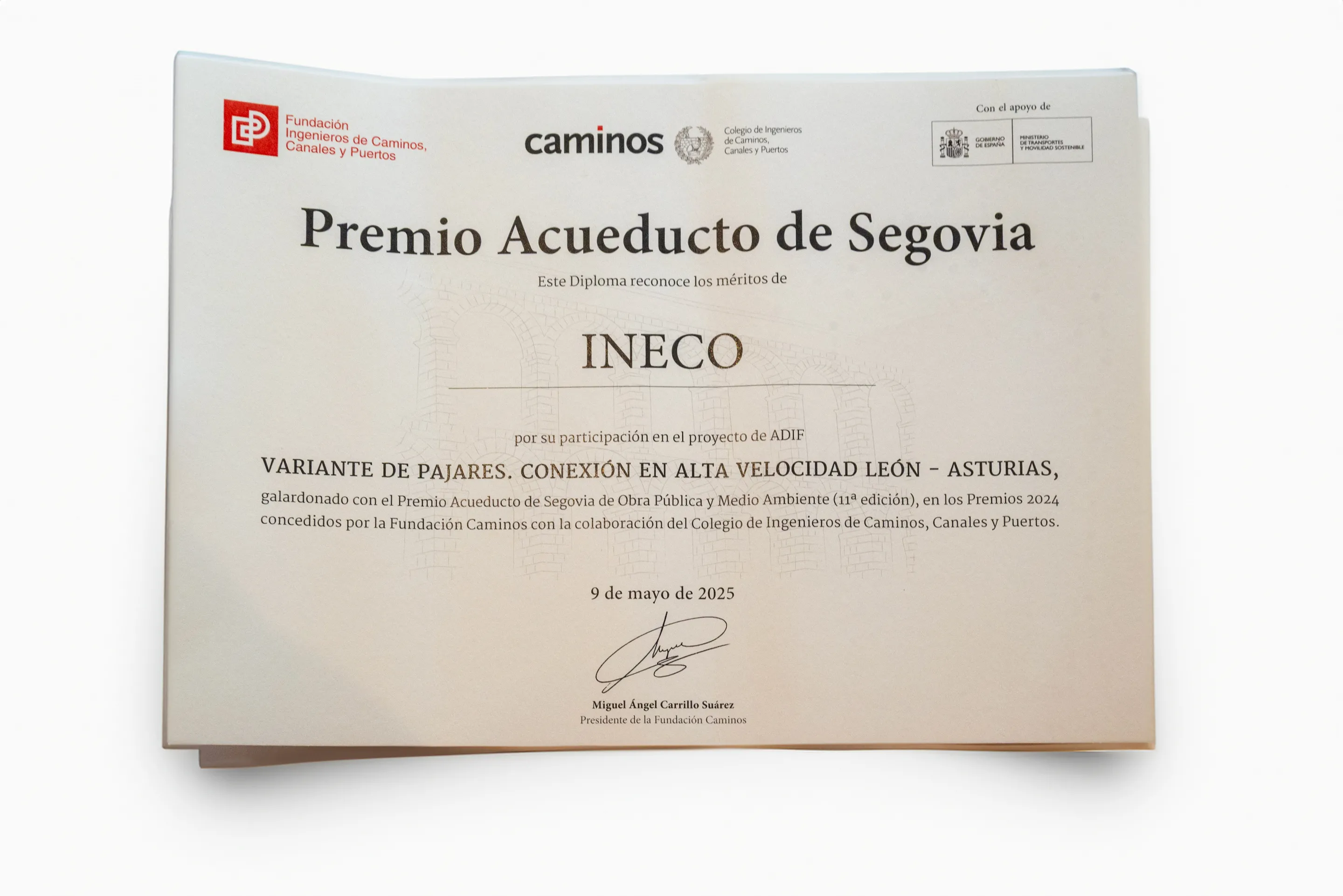 Premio Acueducto de Segovia de Obra Pública y Medio Ambiente otorgado por la Fundación Caminos