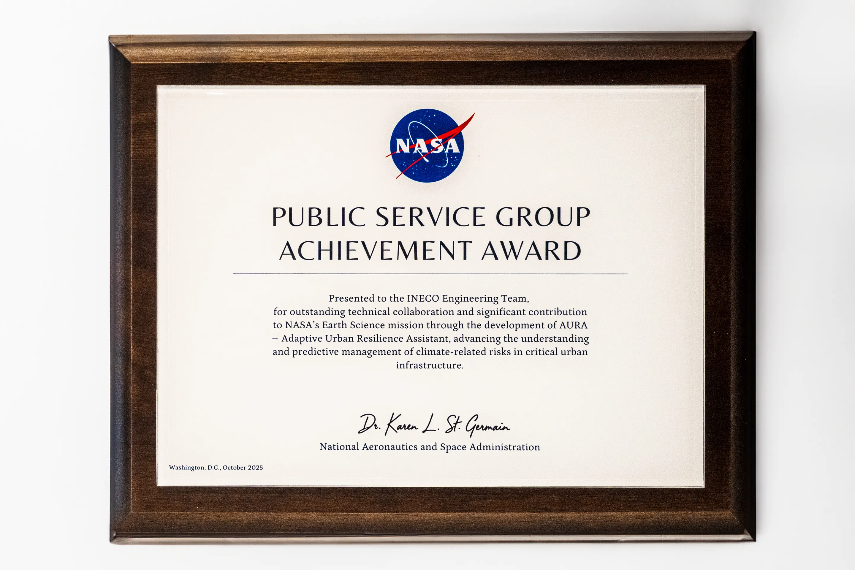 The National Aeronautics and Space Administration (NASA) has recognised with the Public Service Group Achievement Award the Ineco team responsible for developing AURA