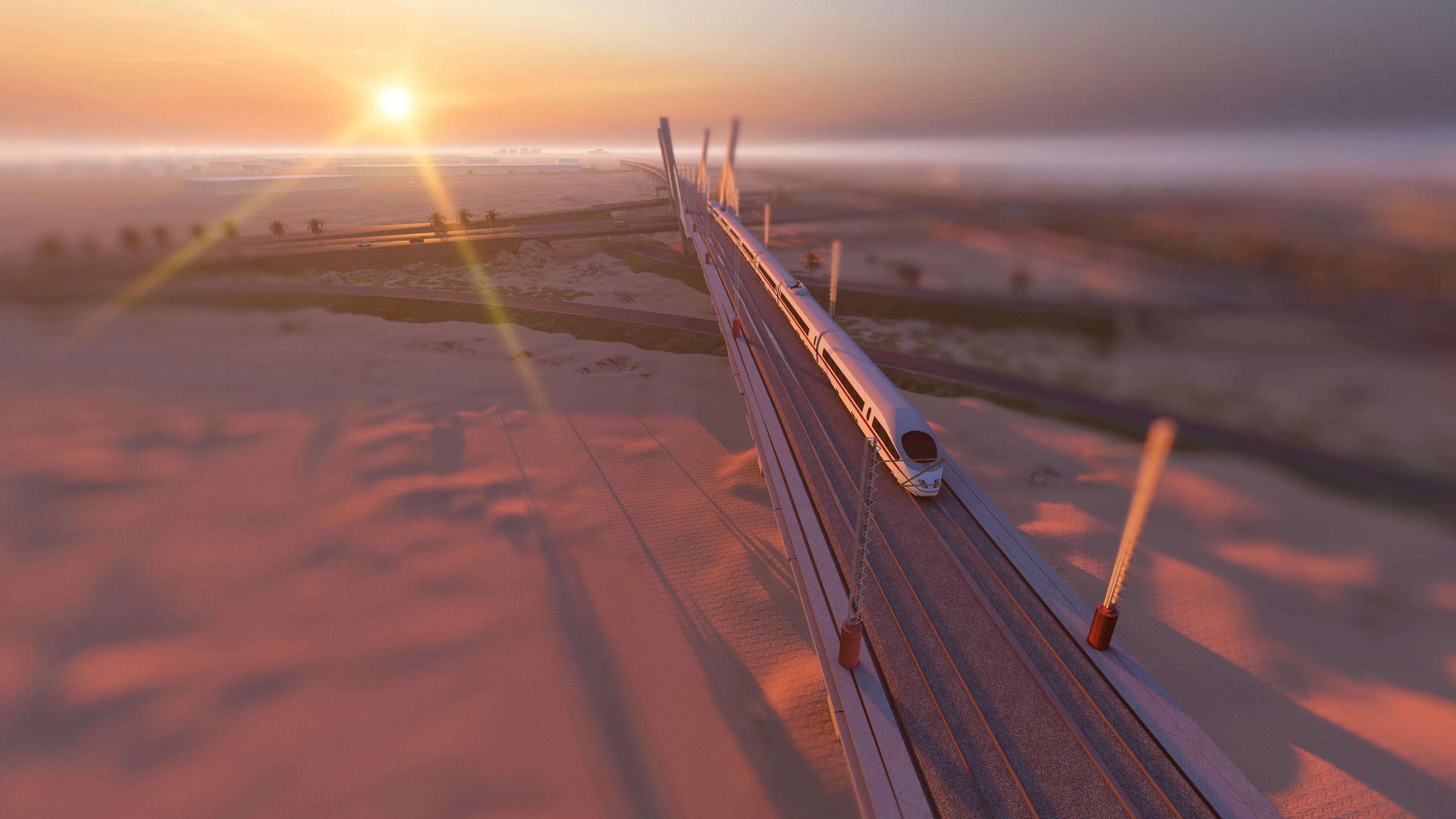 High-speed train on tracks in the desert