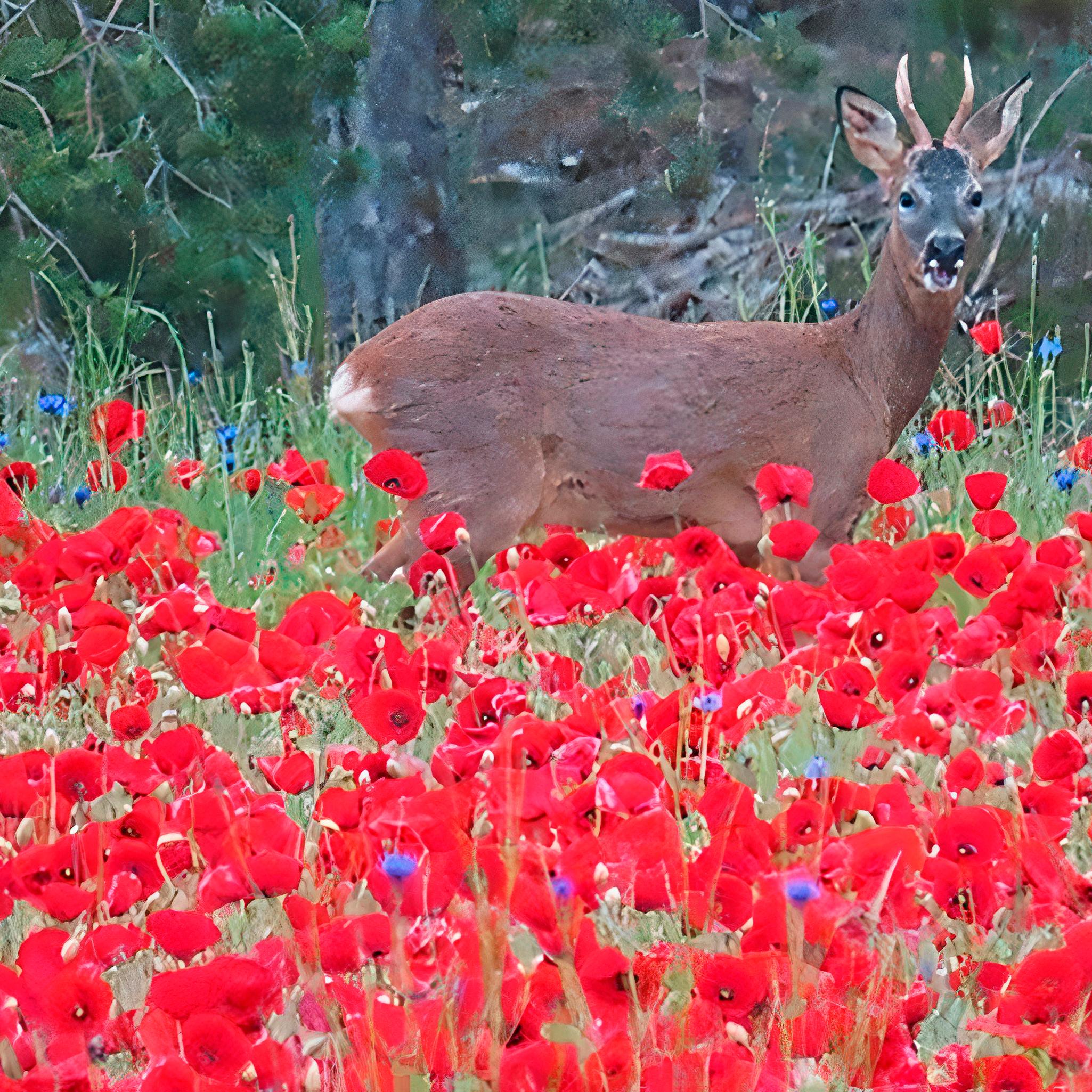 Ciervo de perfil mirando de frente entre el bosque verde y muchas flores rojas por delante