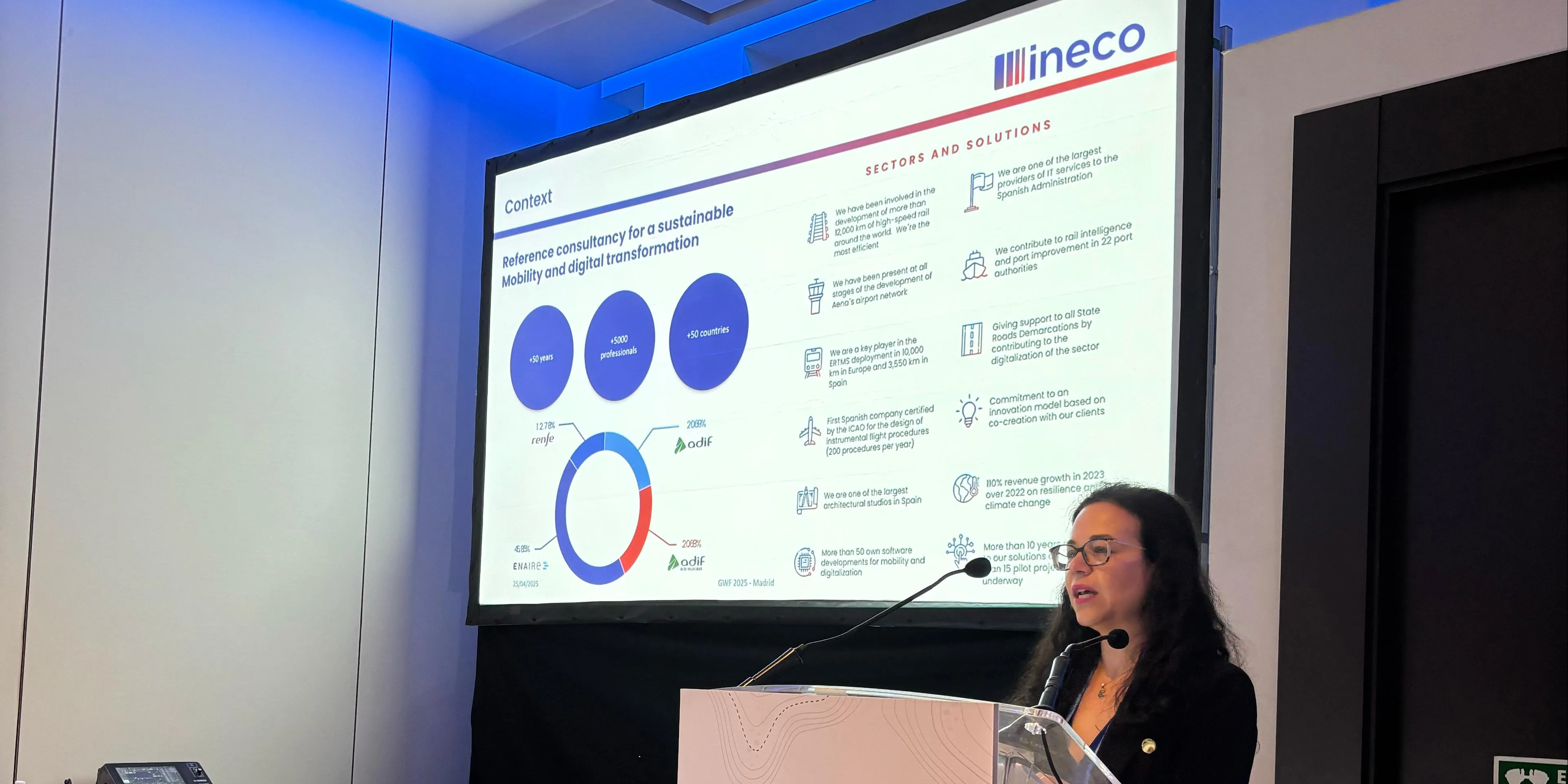 Eva Ramírez, experta en GNSS y Espacio en Ineco en su intervención en  Geospatial World Forum 2025 (GWF)